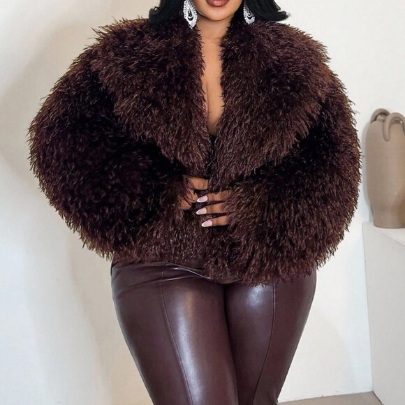 Burgundy Elegant Women's Plus Size Fluffy Faux Fur V-Neck Jacket - Picture 4 of 7